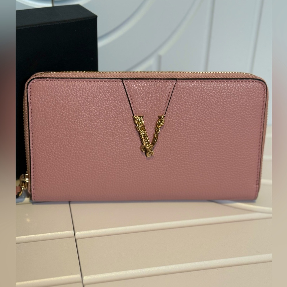 Versace Virtus Pink Grainy Calf Leather Wallet with Gold Emblem